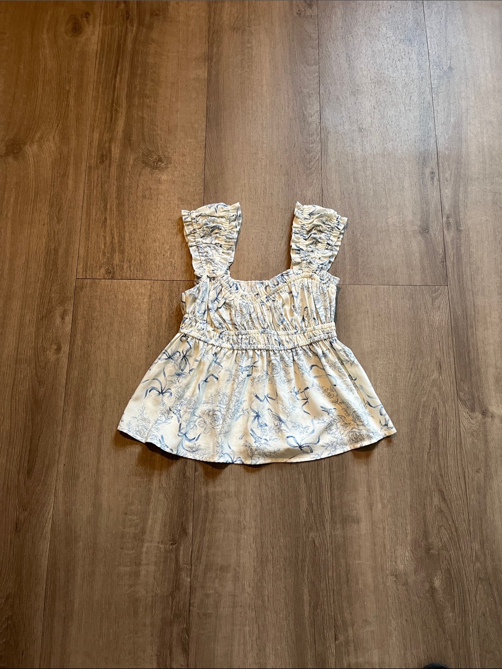 Smocked Ruffle Strap Camisole in White with Blue Floral